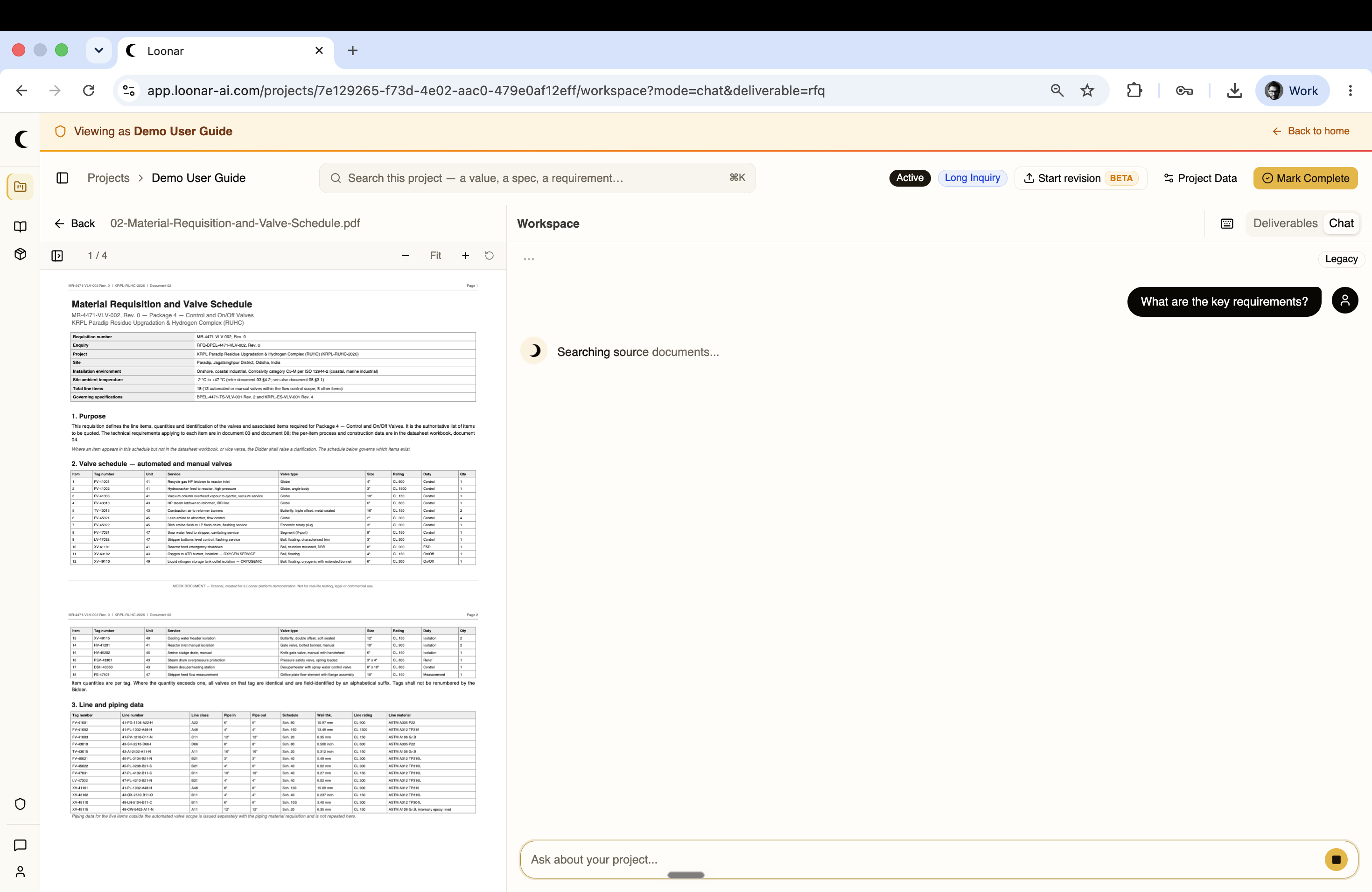 Chat panel with a question asked and Loonar searching source documents