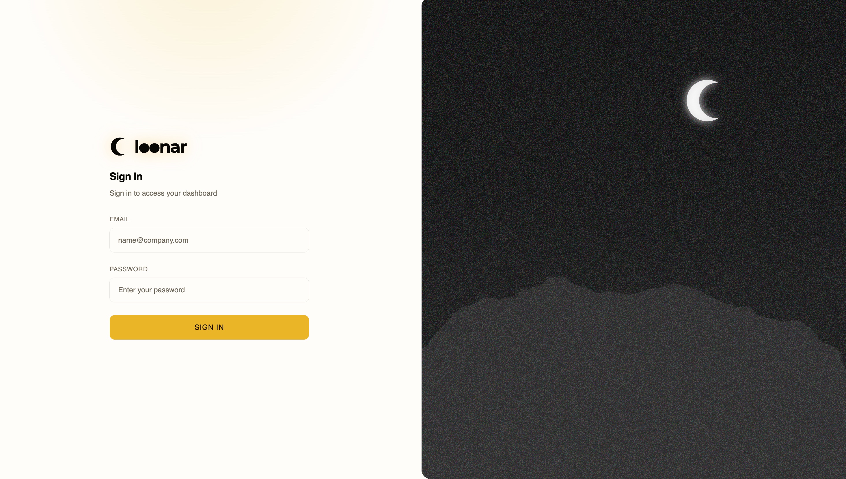 Loonar sign-in screen with email and password fields
