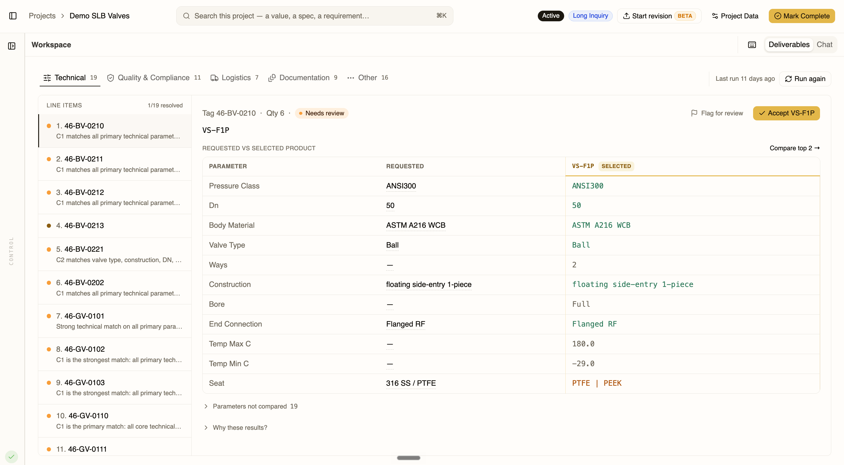 Technical tab showing requested vs selected product parameters for a valve line item
