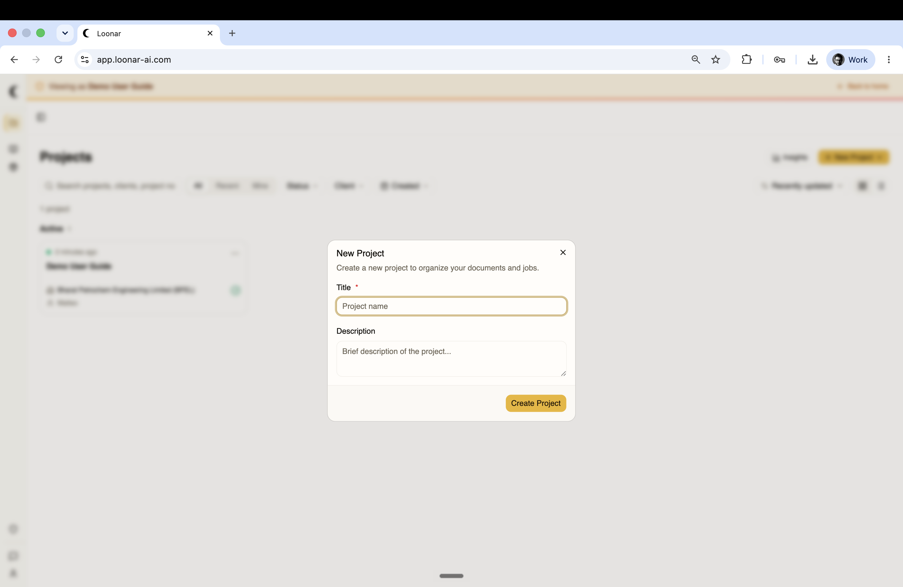 New Project dialog with title and description fields