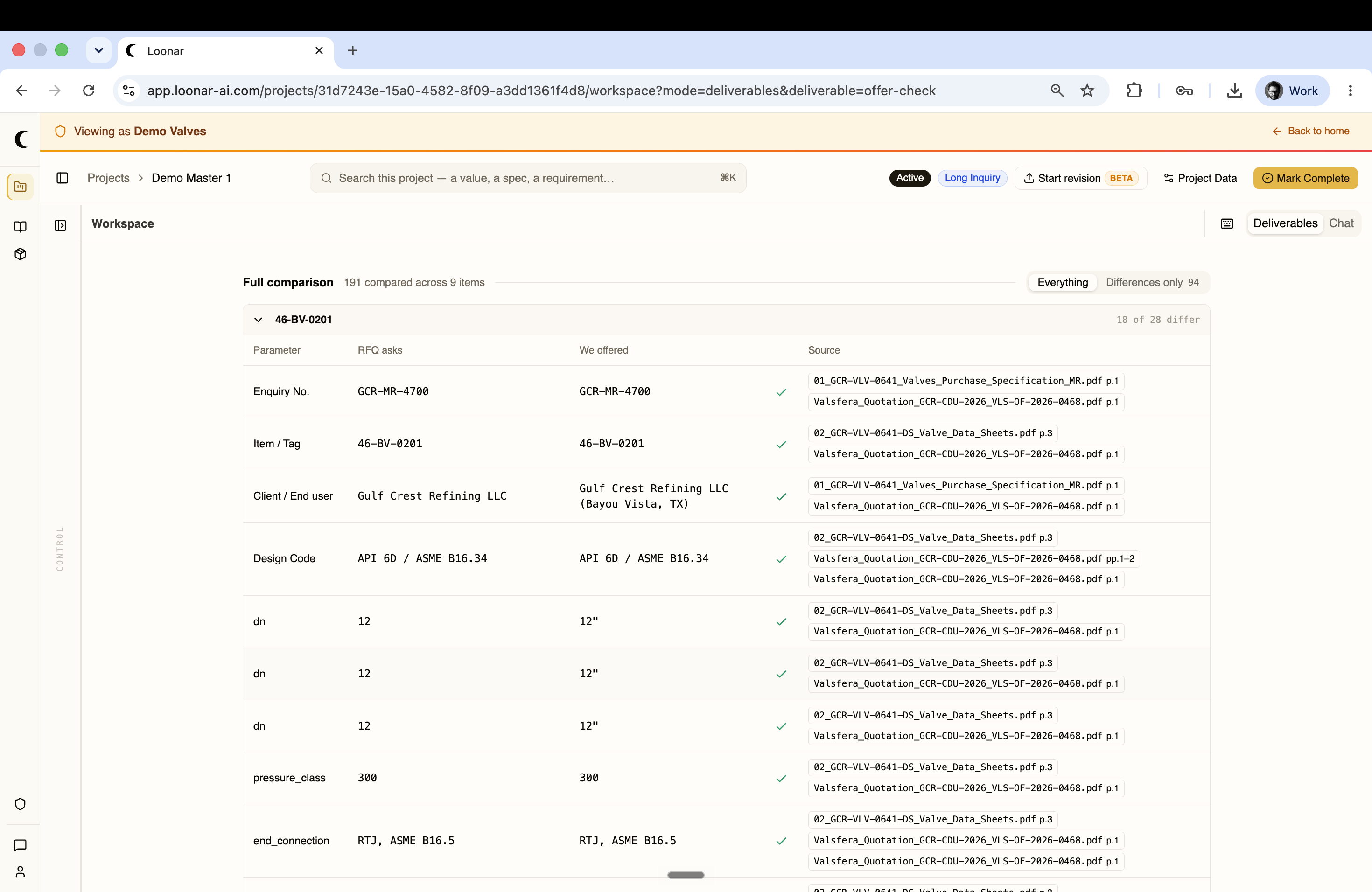 Full comparison table with RFQ asks, We offered, and source columns