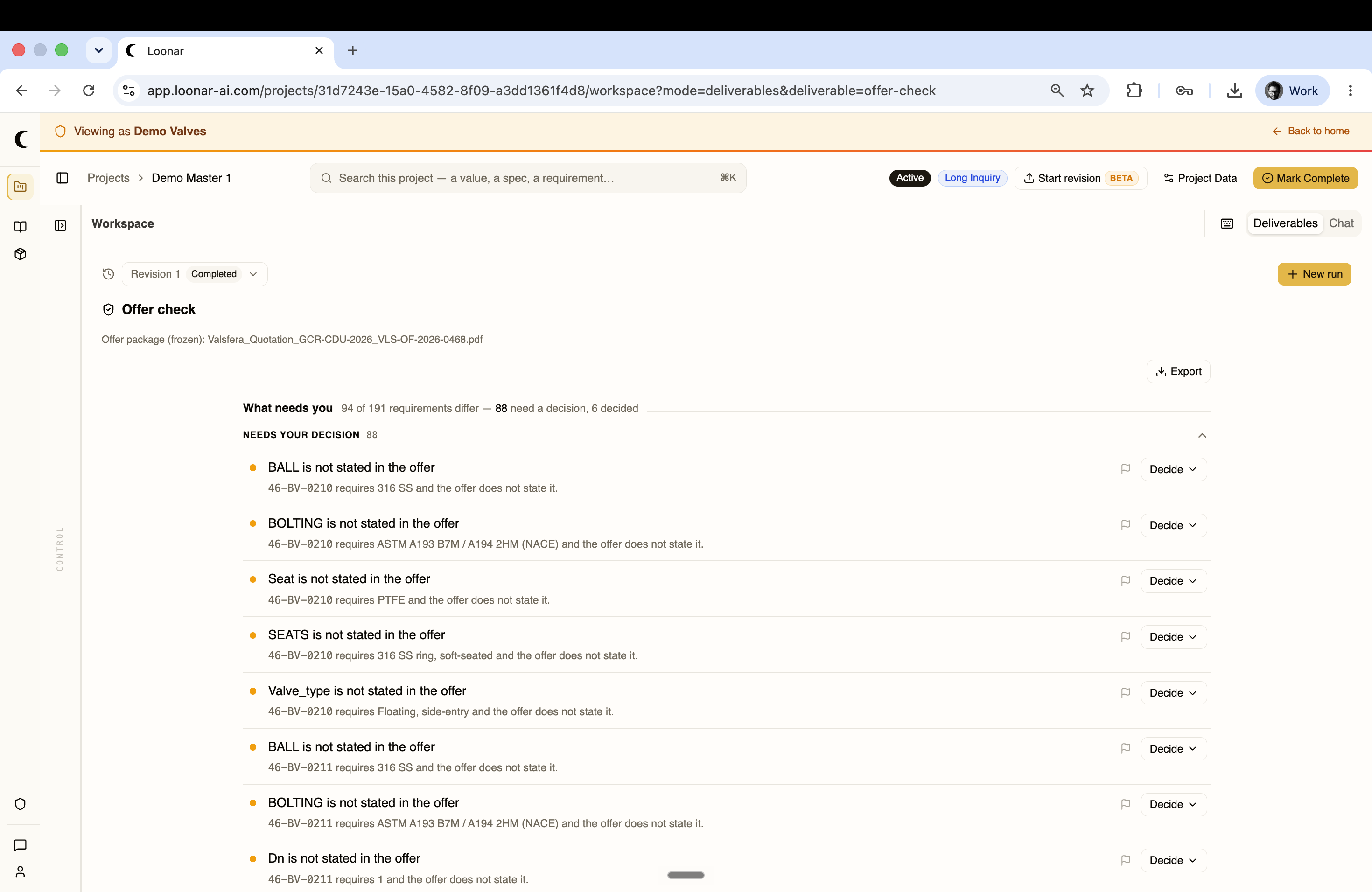 Offer Check summary showing requirements that need a decision