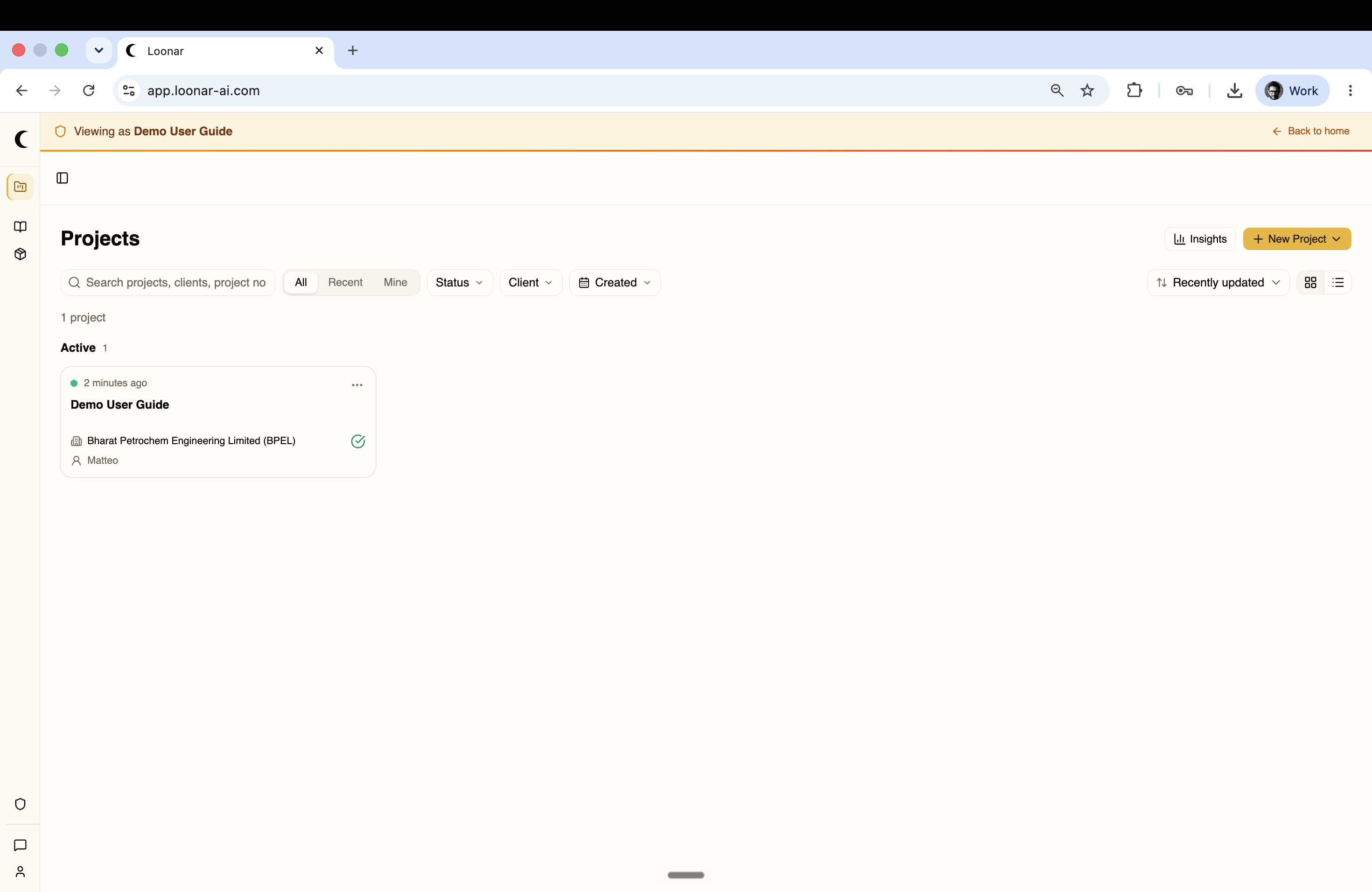 Projects page listing active projects