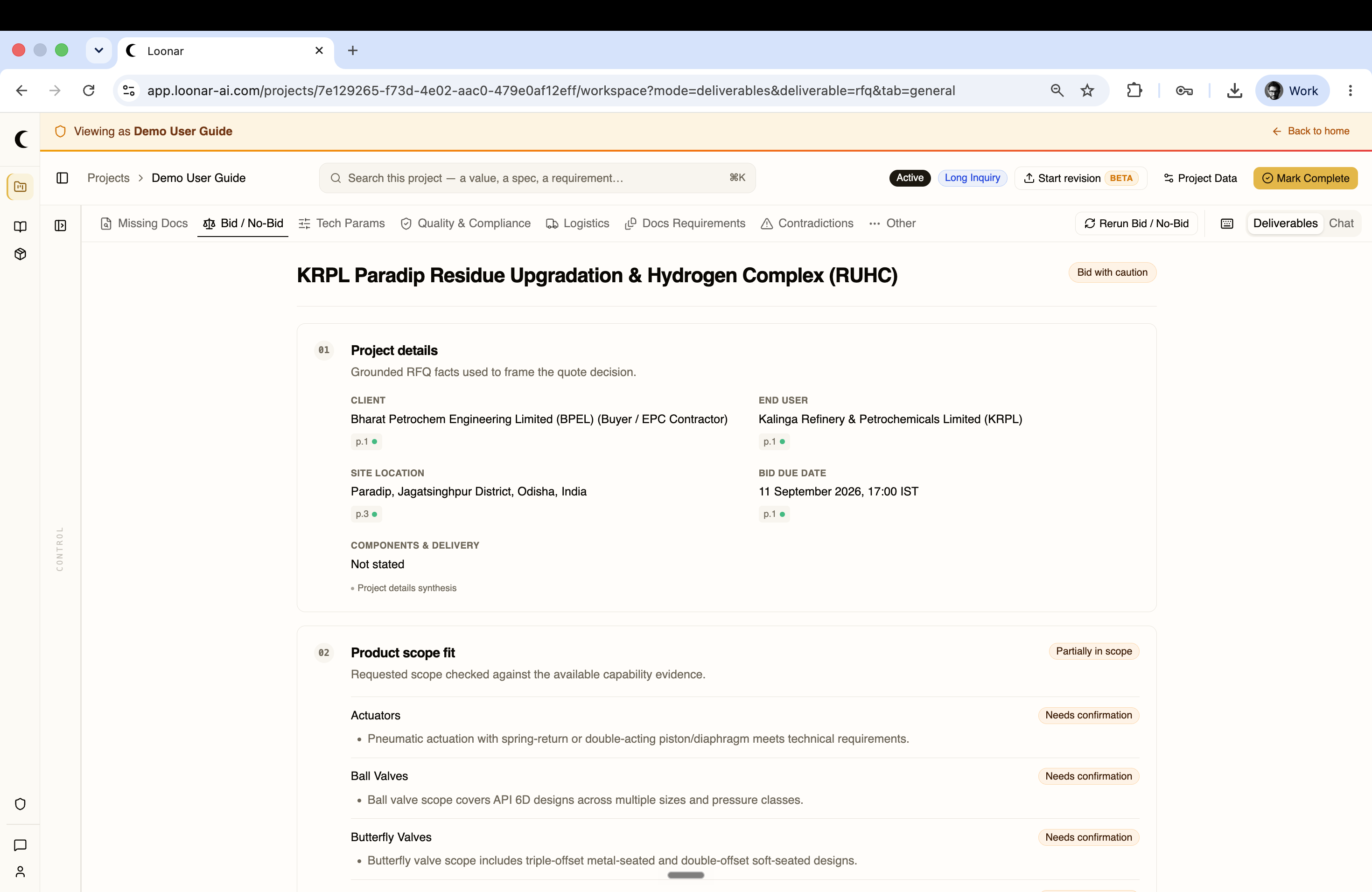 Bid / No-Bid tab with project details and product scope fit