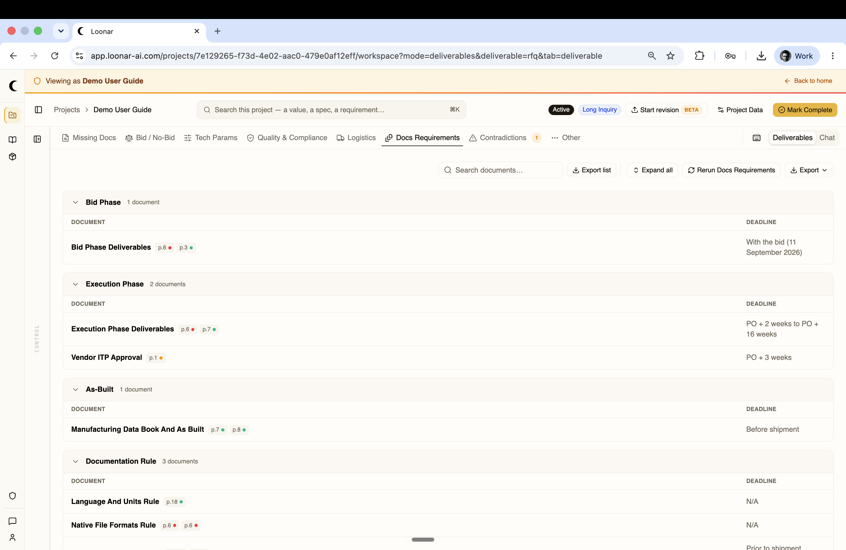 Docs Requirements tab grouped by project phase with deadlines