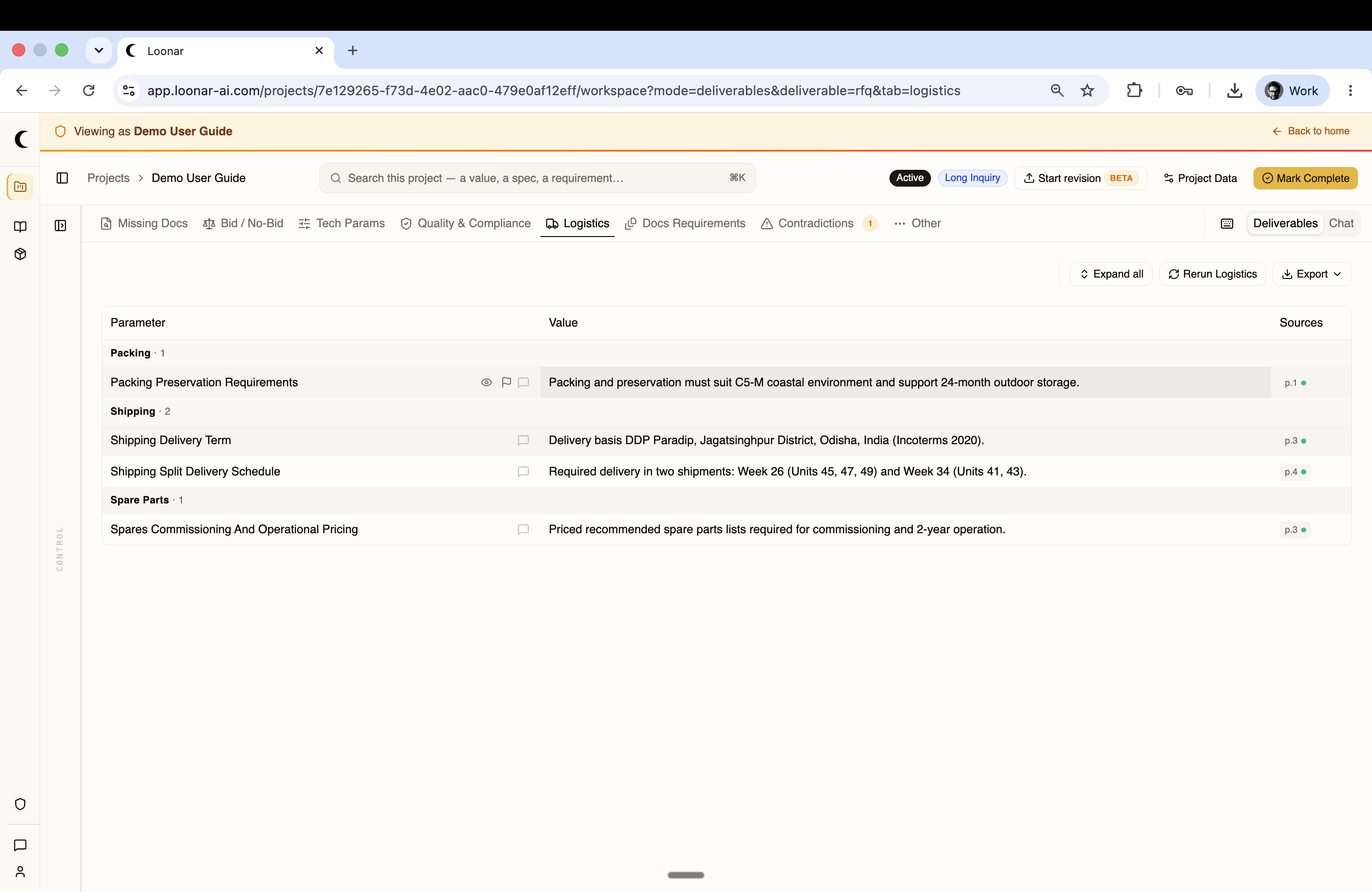 Logistics tab with packing, shipping, and spare parts parameters
