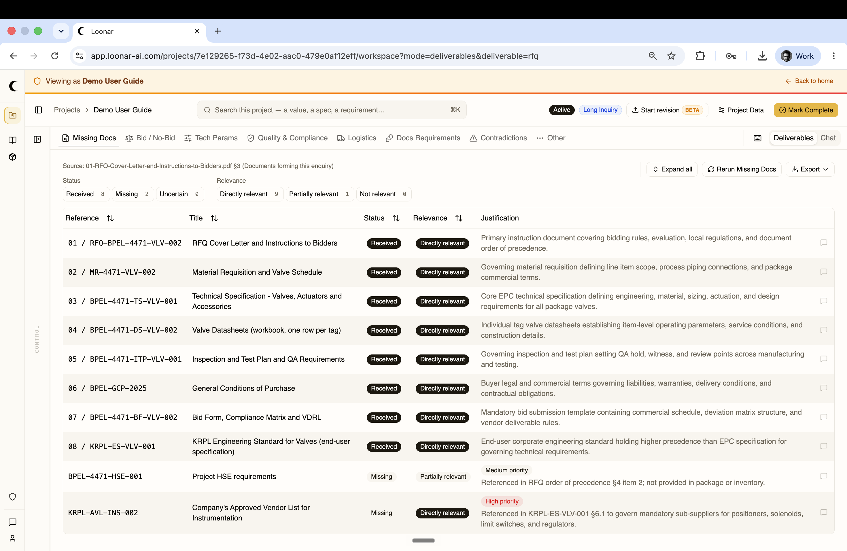 Missing Docs tab listing referenced documents with status and relevance