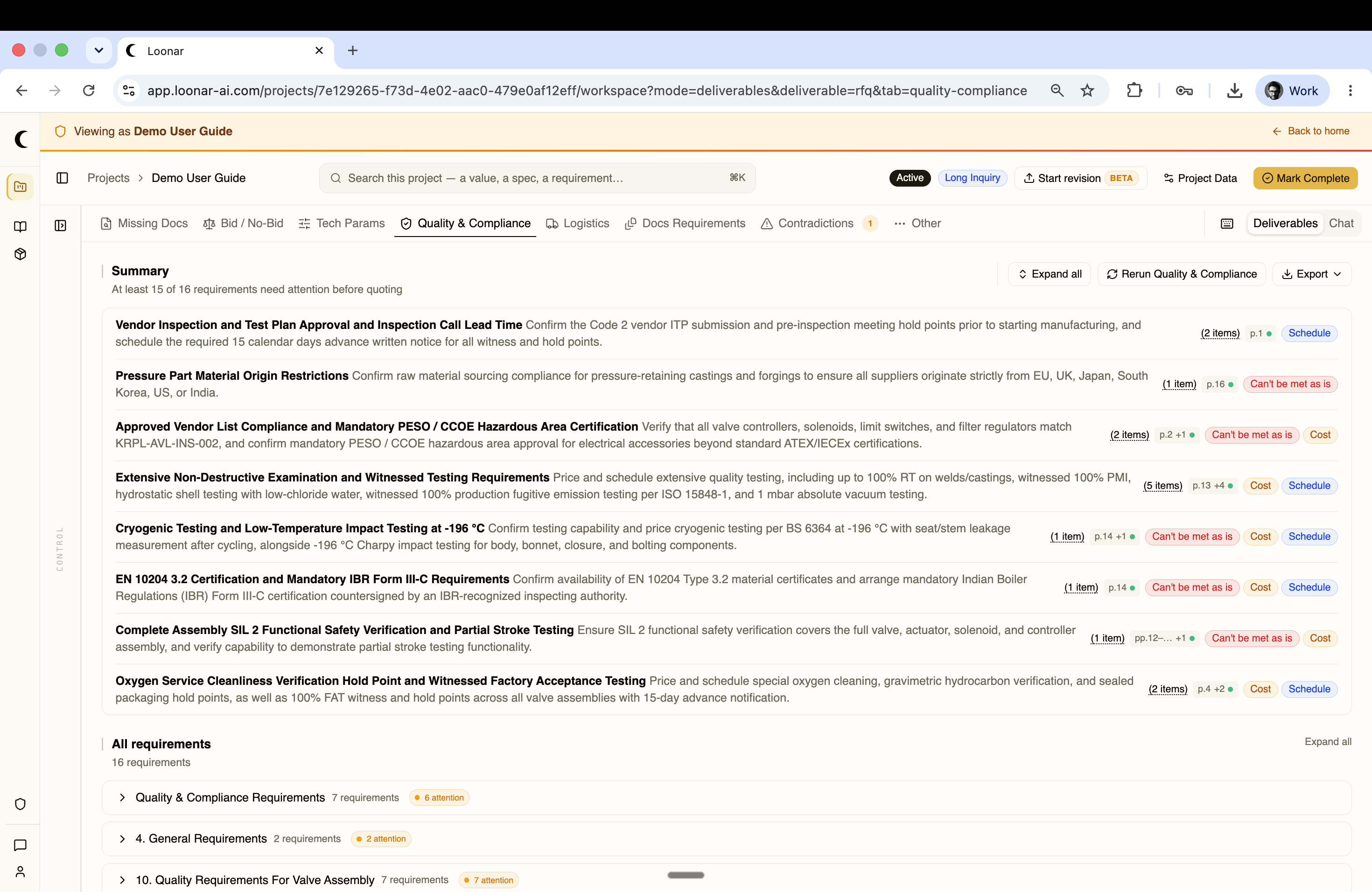 Quality & Compliance tab with a summary of requirements needing attention