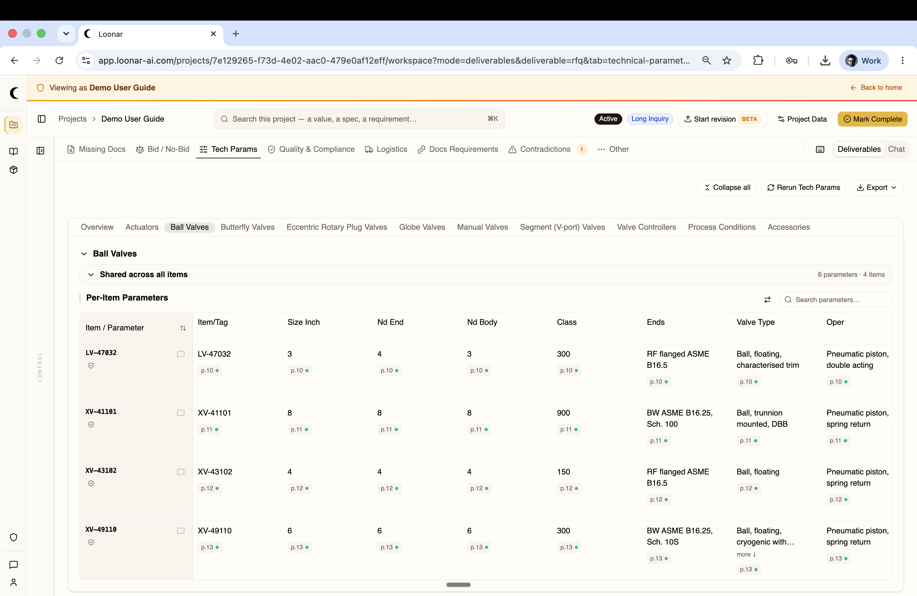 Tech Params tab showing a per-item parameter table for Ball Valves