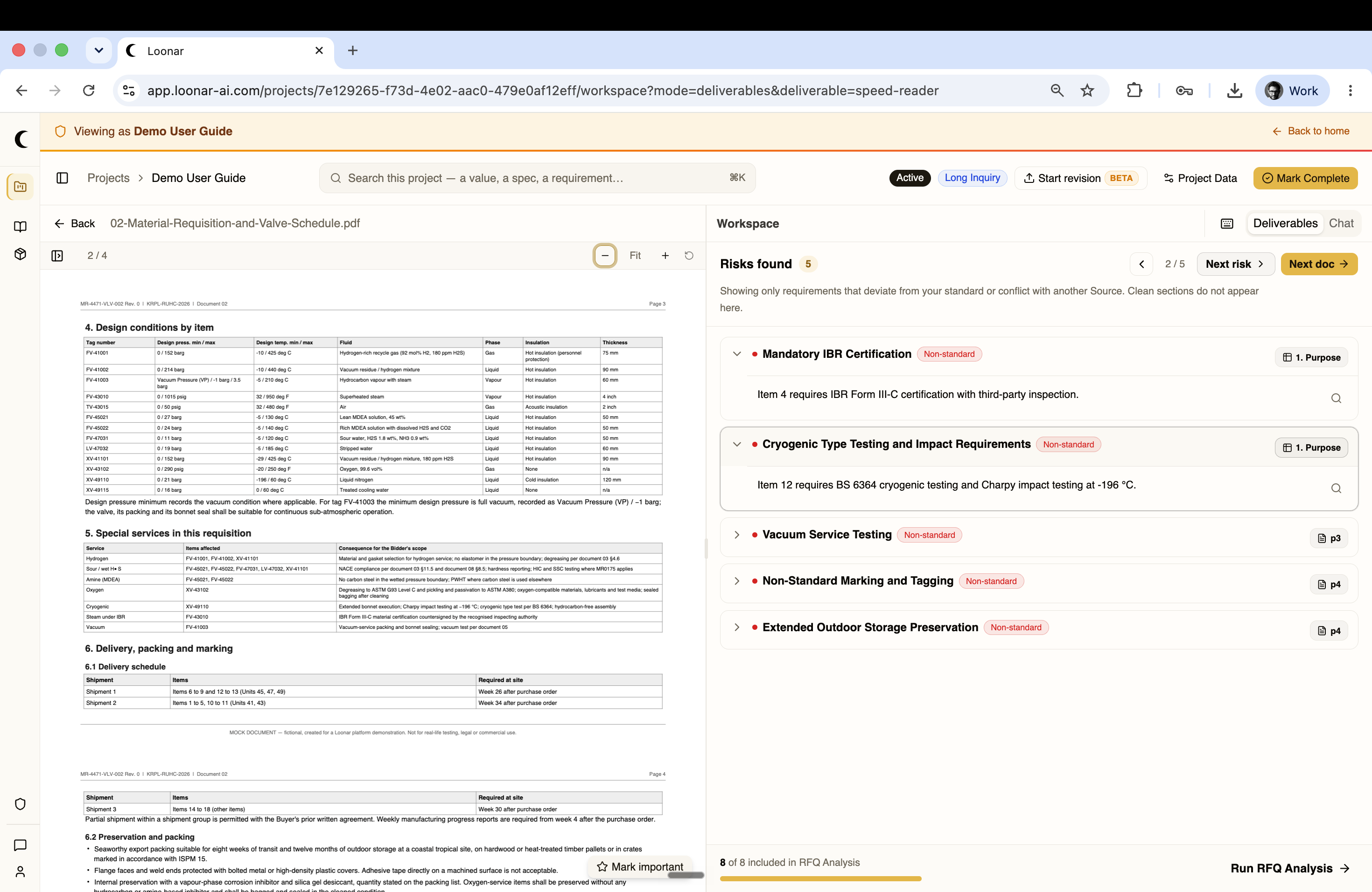 Risk Speed Reader showing non-standard risks found, with the source document on the left
