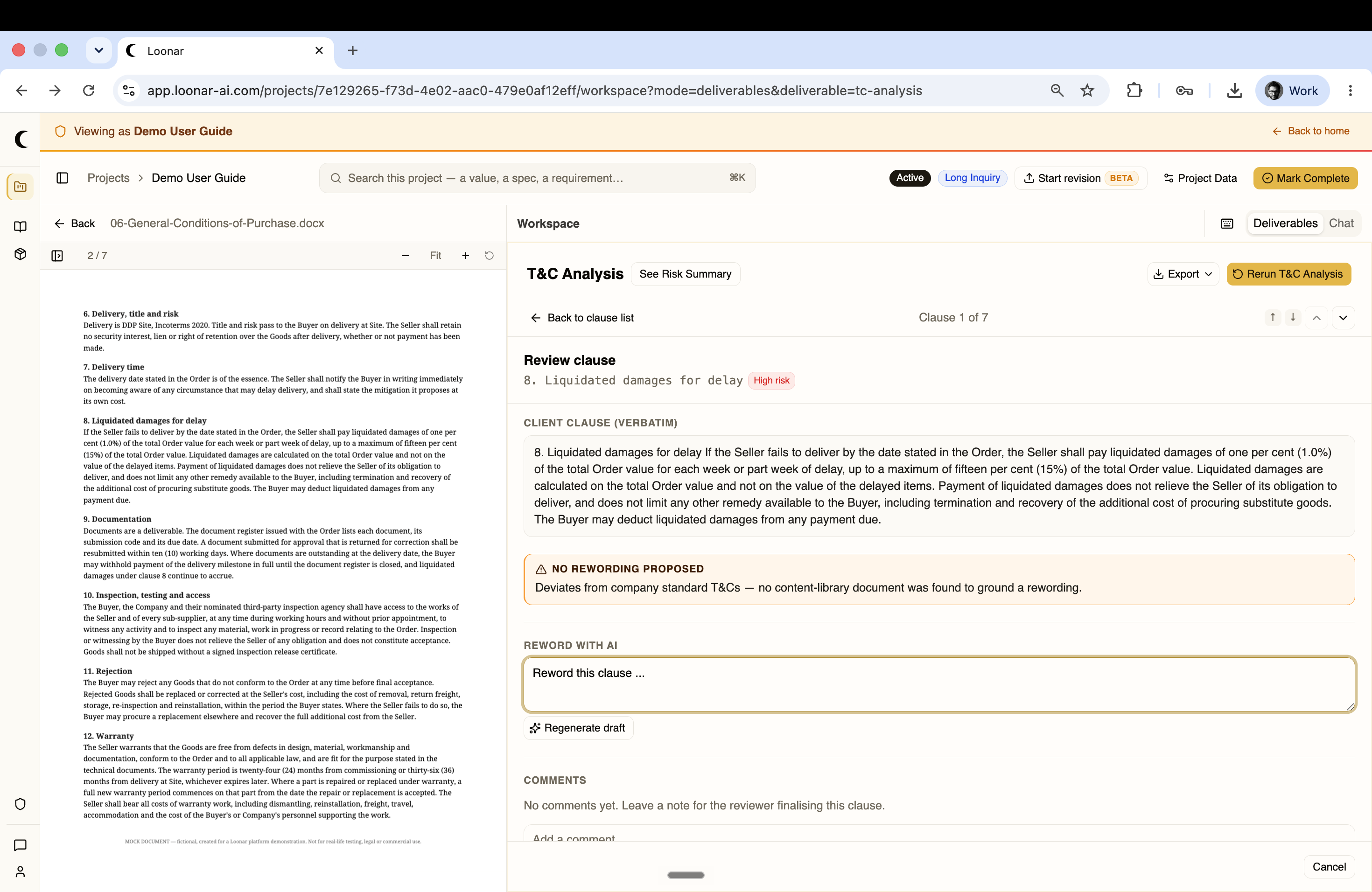 T&C Analysis clause detail with no rewording proposed and a comments section