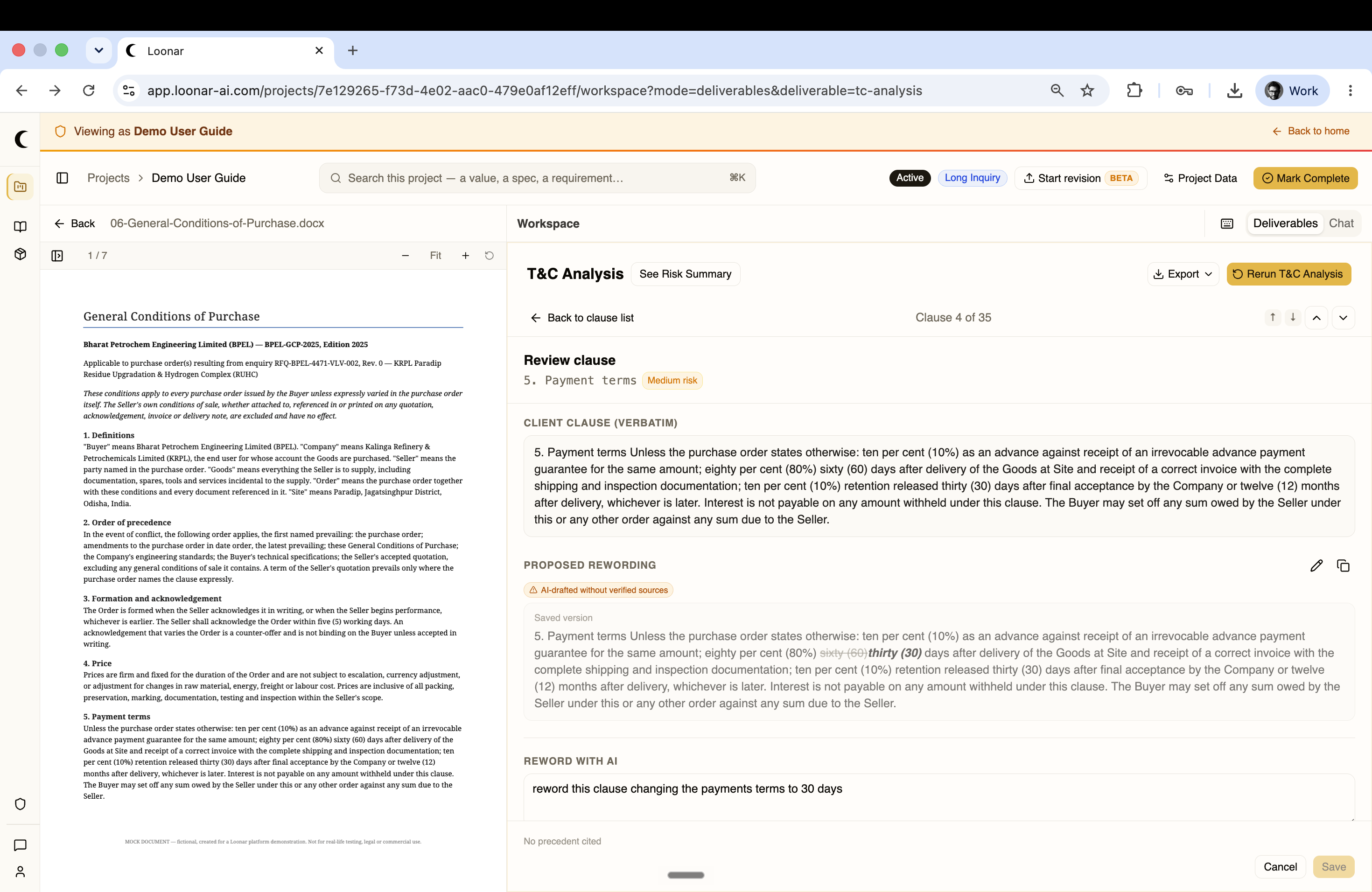 T&C Analysis clause detail with a proposed reworded payment term