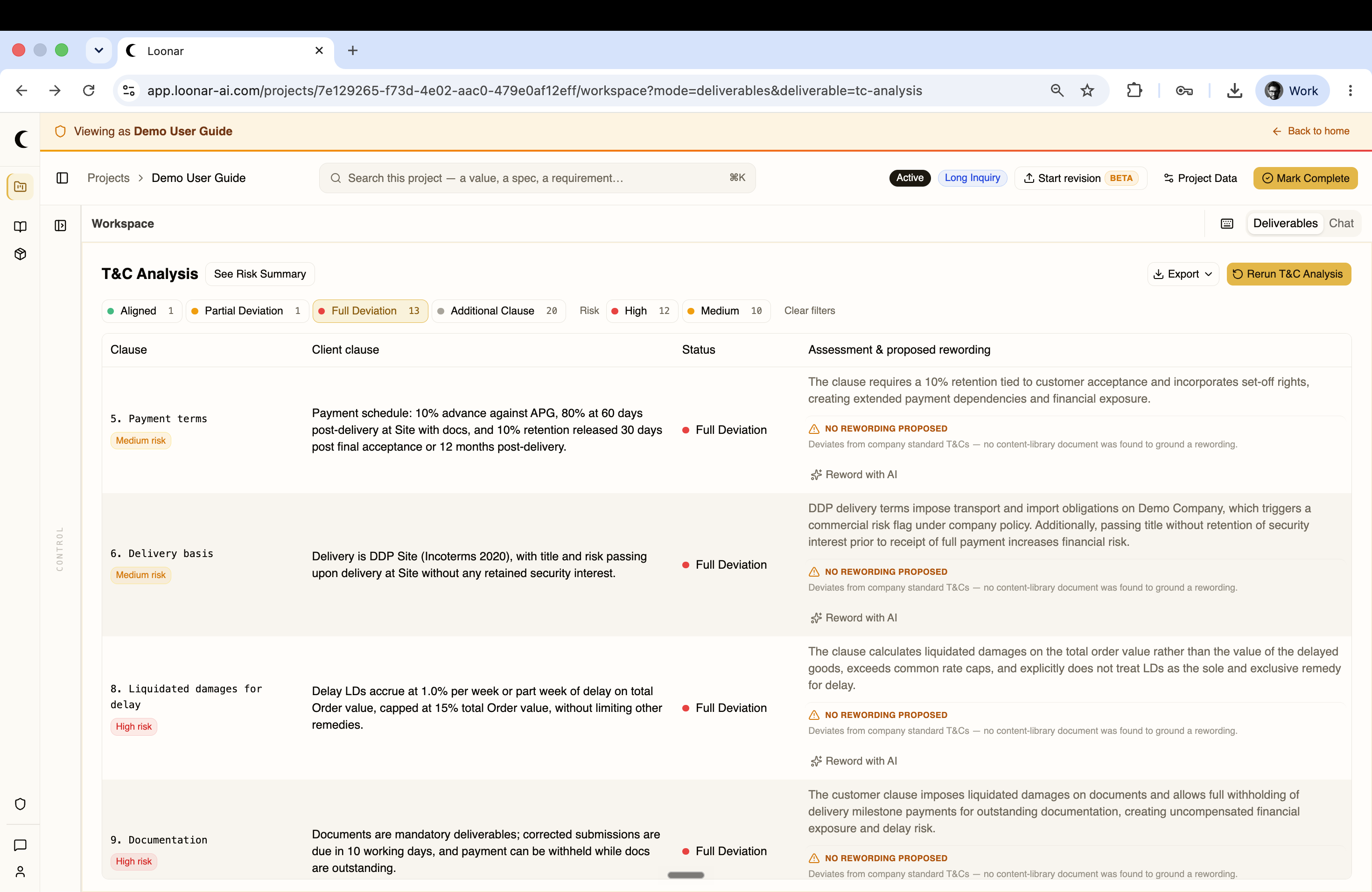T&C Analysis clause list filtered to Full Deviation
