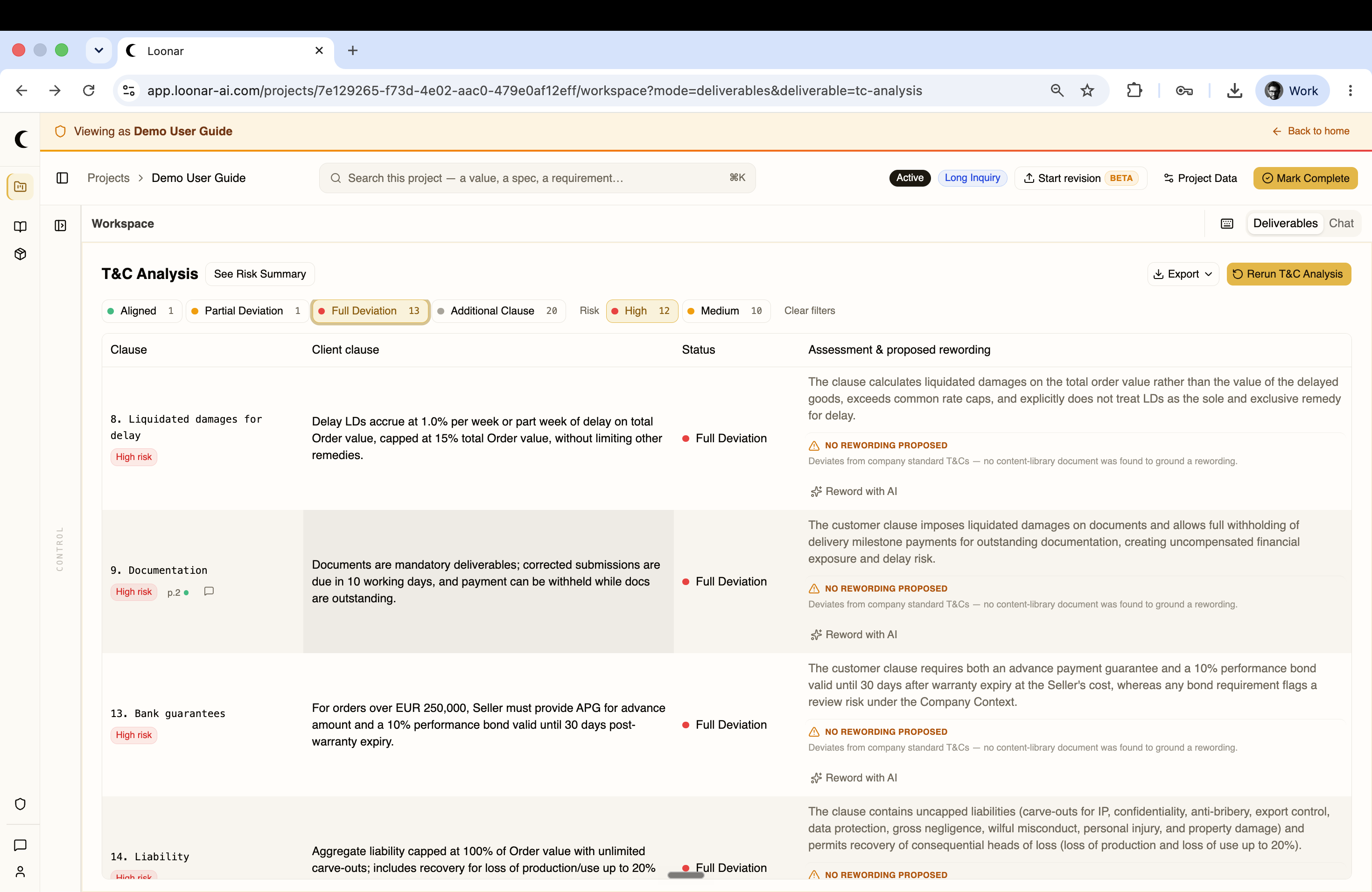 T&C Analysis clause list filtered to High risk